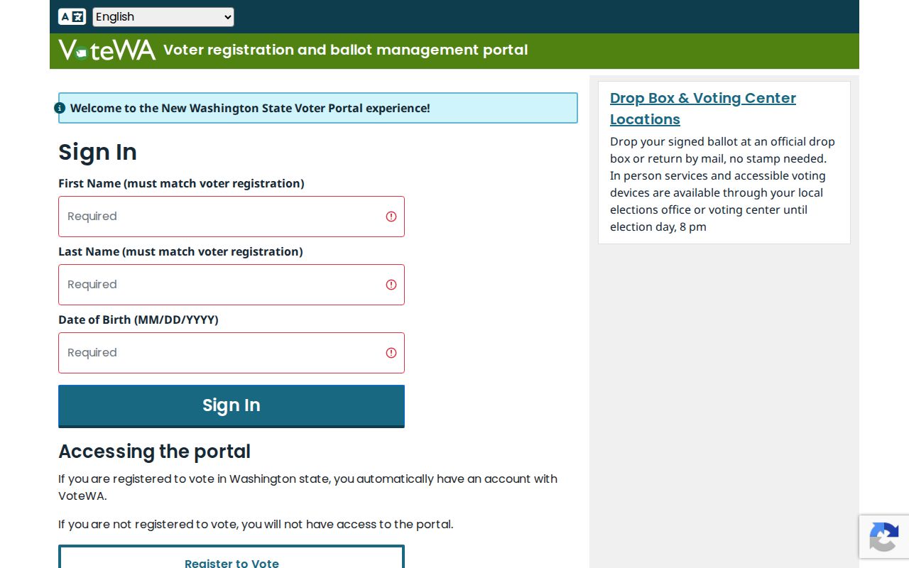 Richland voter registration VoteWA login fields